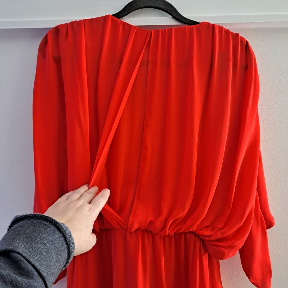 Parker Red Silk Plunge Ruched Sleeve Mini Dress - Picture 7 of 11